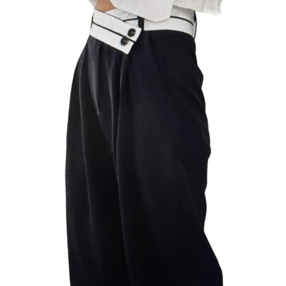 Commense Trousers Womens Black Wide Leg Pleated  High Waist White Belted - Picture 2 of 3